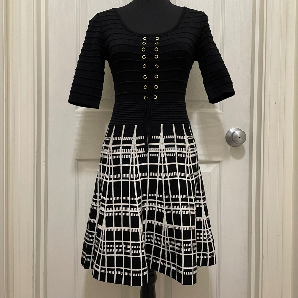 Candies Fit & Flare Knit Skater Dress Lace Up Black White XS Y2K Officewear Chic